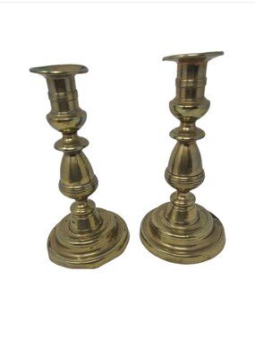 Pair Antique 18th Century Queen Anne Brass Beehive Push Up Candlestick Holders